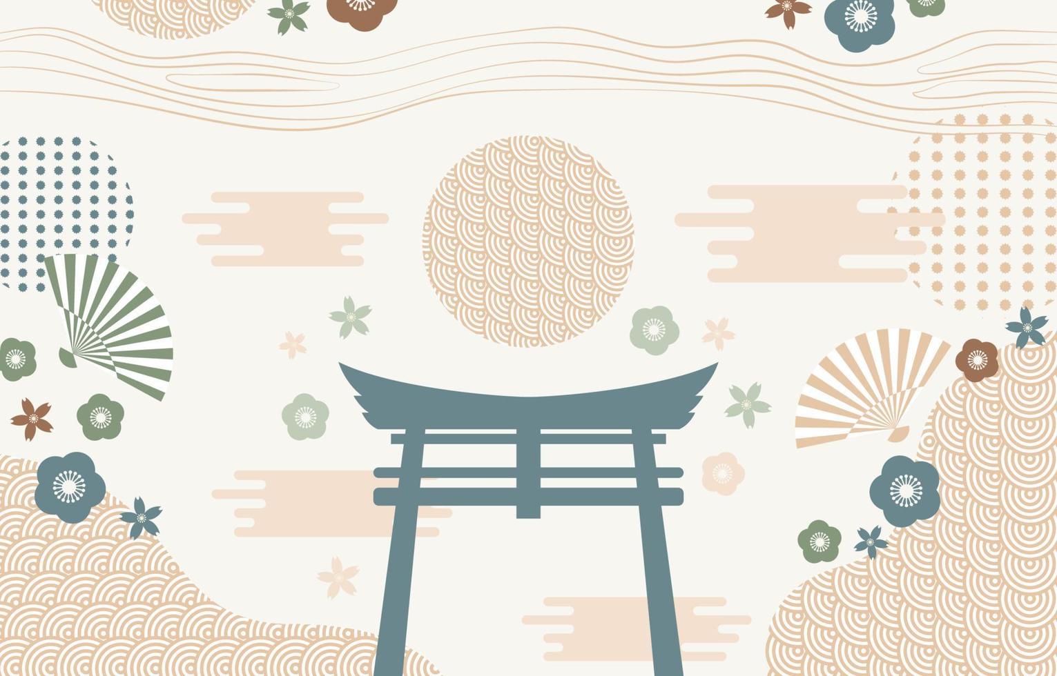 Japanese Background with Flower, Wave, Cloud and Abstract Elements vector