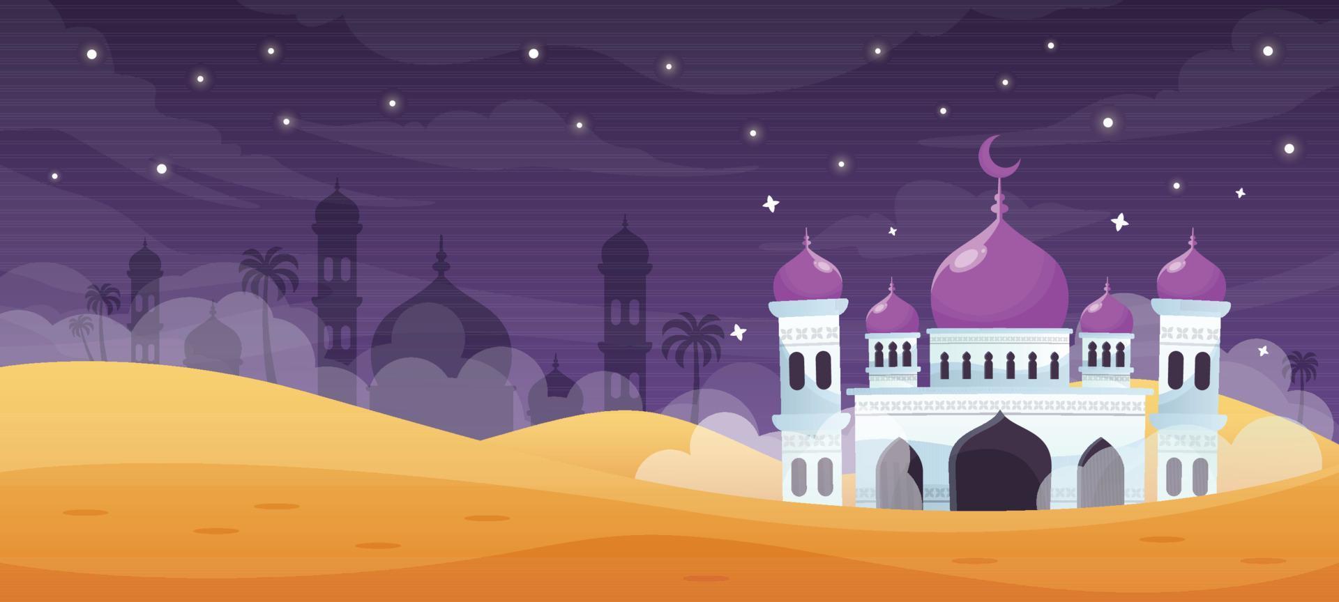 lindo paisaje nocturno del desierto de la mezquita vector