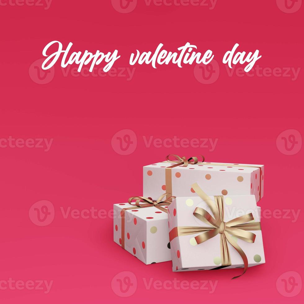 3D rendering gold gift box with polka dot wrap on pink background for valentine day photo