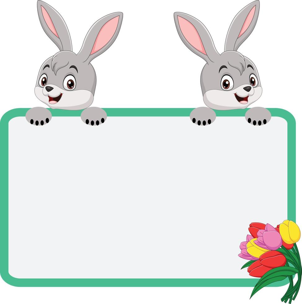 Print Cute Happy Easter Two Rabbit Holding an Invitation Card Illustration Free Vector
