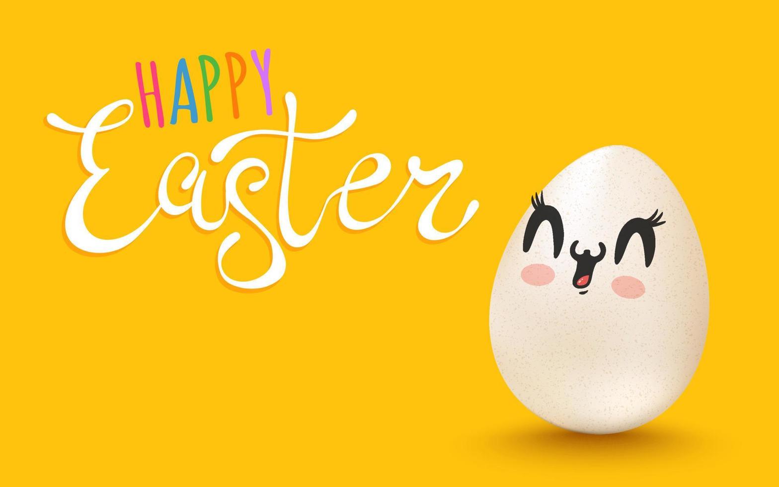 Vector banner with lettering Happy Easter and egg with kawaii face.