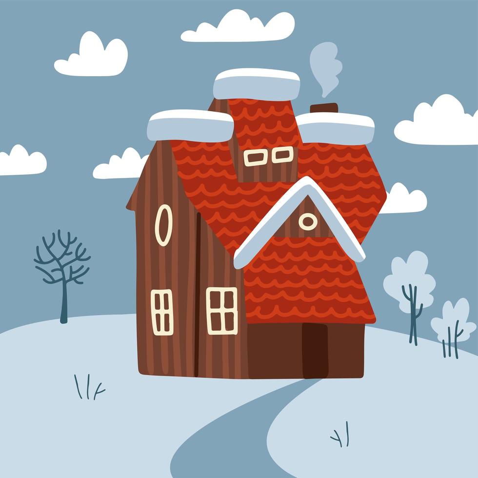 paisaje de pradera de invierno escénico con pequeña casa con humo de chimenea. terreno nevado con árboles y nubes... ilustración de vector de estilo plano.