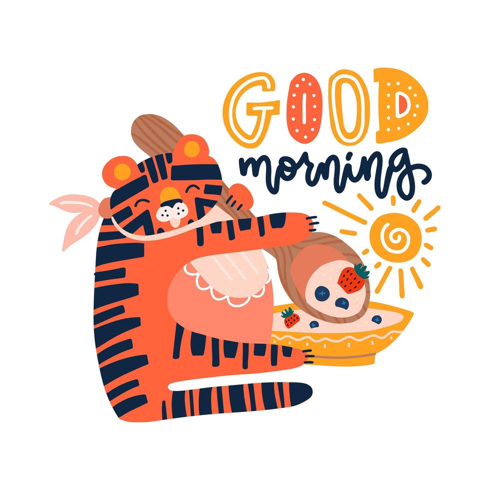 Hand drawn vector illustration of a cute tiger eating cereal, with lettering quote Good morning. Isolated objects on white background. Scandinavian style flat design. Concept for children print.