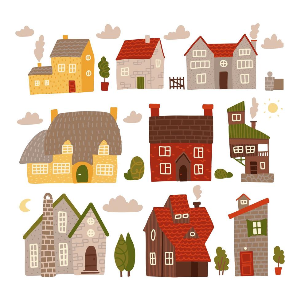 Colorful small houses collection with nature elements. Home sweet home set. Flat hand drawn vector illustration