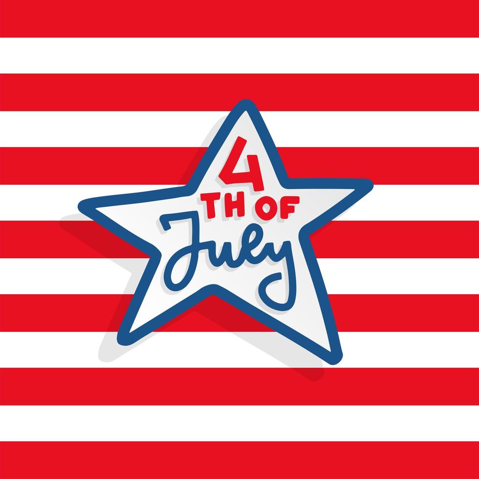Happy independence day card United States of America, 4 th of July lettering in star shape in striped background. Greeting Card with Font. Hand drawn decoration. Flat style vector illustration.