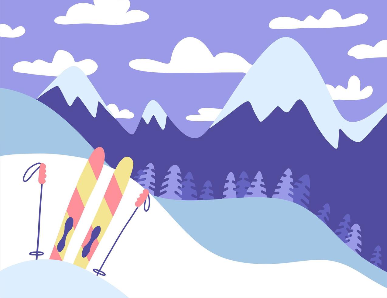 Ski resort banner, panoramic mountains landscape, fir trees forest,colorful skiing with sticks. Flat winter wide illustration concept. Vector design