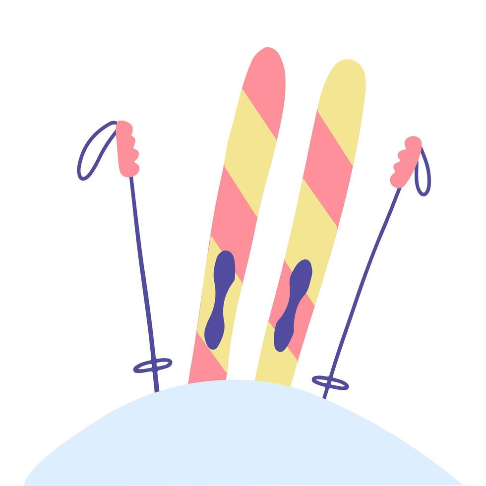 Striped skis stuck in a snowdrift and sticking out of snow, Isolated vector illustration in graphic flat hand dtrawn childish style