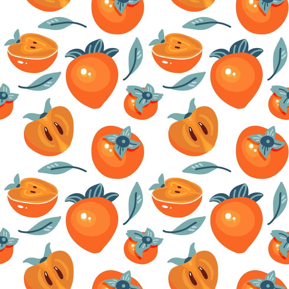 Seamless pattern with cartoon persimmon isolated on white. Juice fruit. Illustration used for magazine, book, poster, card, menu cover, web pages. Flat hand drawn vector illustration