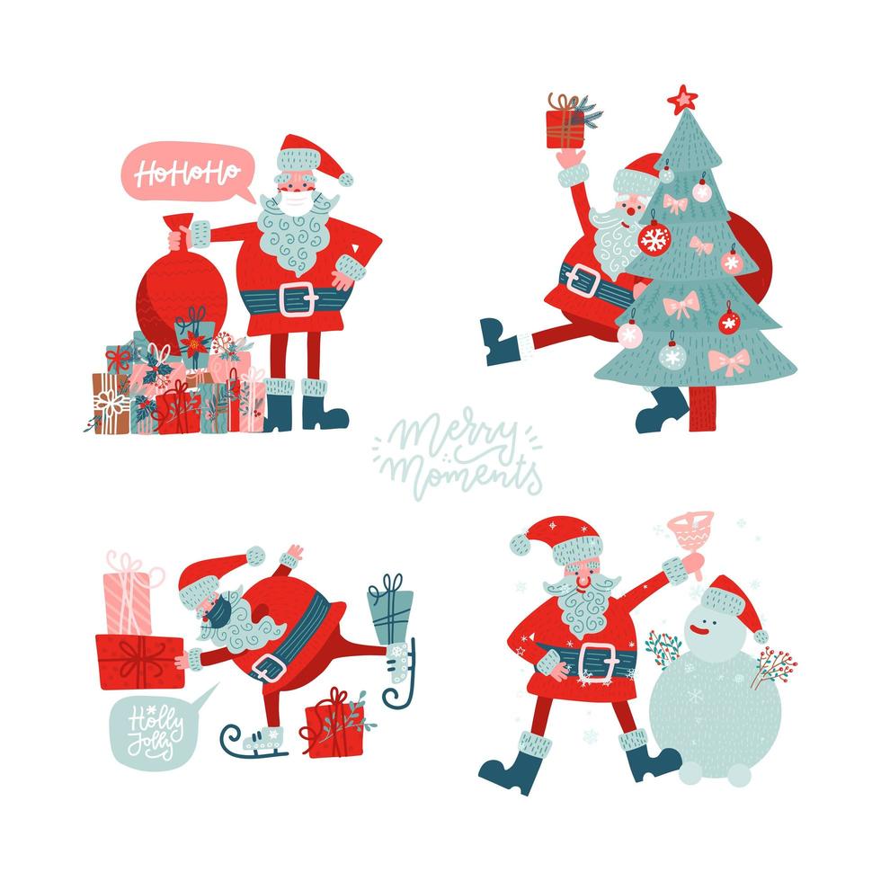 Papá Noel establecido para Navidad. ilustración vectorial dibujada a mano plana. colección de personajes de Navidad antiguos en diferentes poses con árboles, regalos y muñecos de nieve. vector