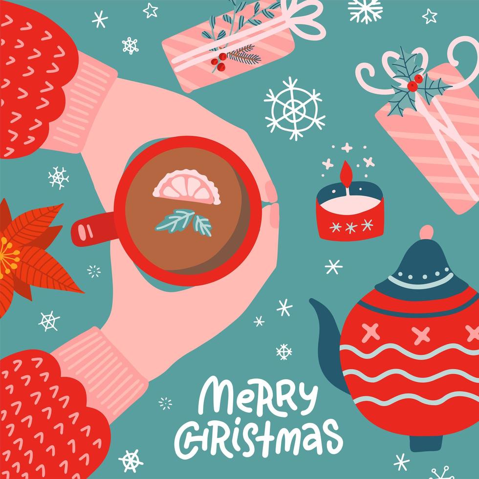 Top view of Wrapping Christmas gifts. Decorated present boxes on a table with hands holding tea cup. Cartoon creative New Year Workshop with gingerbread. Flat Greeting card. vector