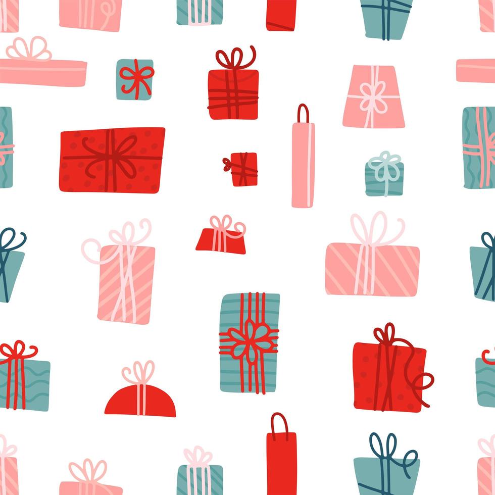 Seamless pattern with colorful gift boxes with ribbons and bows. Present box. Vector flat illustration in hygge style