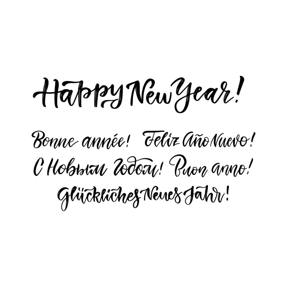 letras de feliz año nuevo en diferentes idiomas: ruso, italiano, español, francés, alemán, inglés. caligrafía de pincel vintage de vacaciones para invitación, tarjeta de felicitación, impresiones. vector