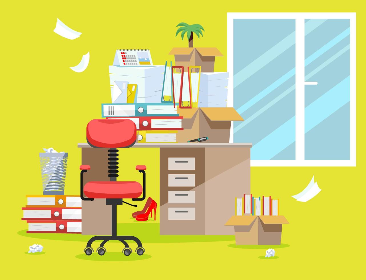 Period of accountants and financier reports submission. Pile of paper documents and file folders in cardboard boxes on office table. Flat vector illustration windows, chair and waste-basket