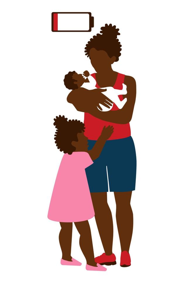 Black African American mother is tired and burnout from constant care of children. Stay at home mom. Unequal stress of parents in the family. The burden of responsibility of siblings. vector