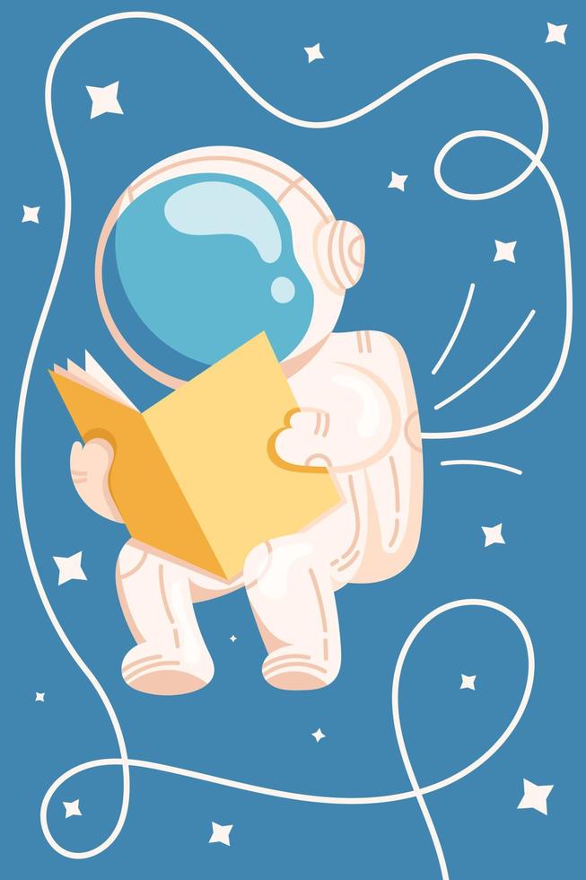 Other space poster of deep space with stars and astronaut reading a book in a flat style. vector