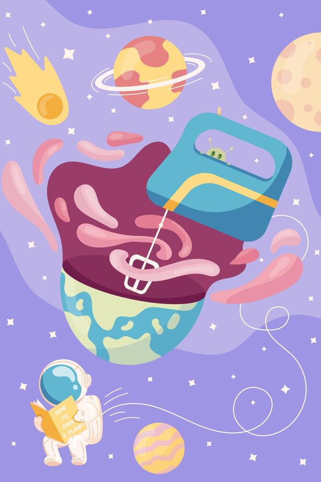 Outer space poster of deep space with stars and astronaut reading a cooking book to make a new planet with space mixer in a flat style. vector