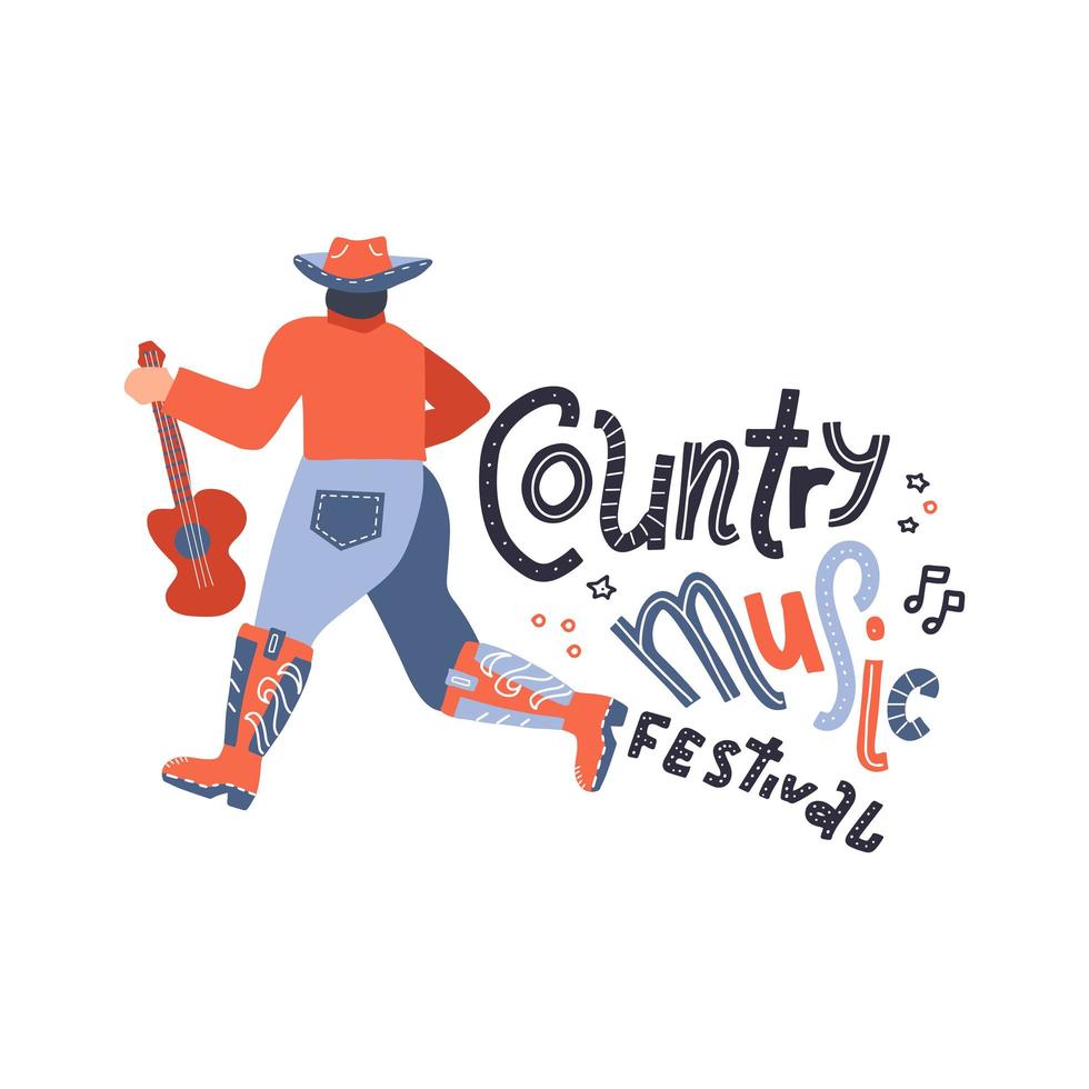 Back view of young country style singer with guitar. Modern man character in cowboy hat. Concept or print for festival banner. Vector flat hand drawn doodle illustration.