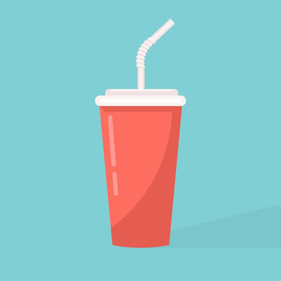 Paper cup icon. Paper red cups with straws for soda or cold beverage. Isolated cardboard cup with long shadow. Drink icon. Fast food. Vector illustration flat design.