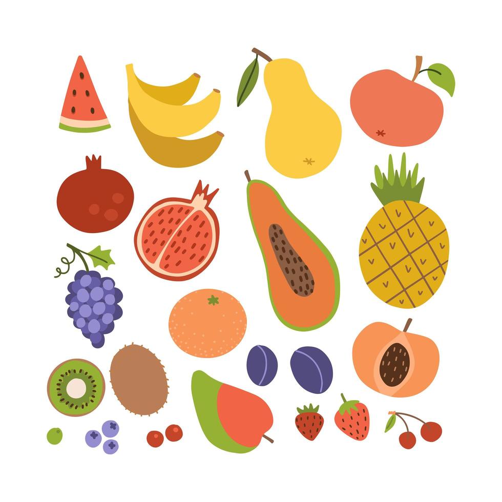 colección de iconos de fruta linda simple. conjunto de frutas sabrosas de verano coroful. ilustración de estilo plano de dibujos animados. vector