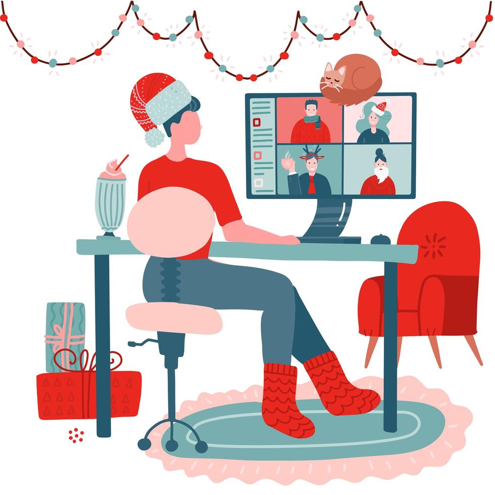 mujer usando computadora para reunión virtual colectiva, videoconferencia grupal. la gente, los amigos están en diferentes lugares, se felicitan unos a otros con navidad y año nuevo. concepto de saludo en línea. vector