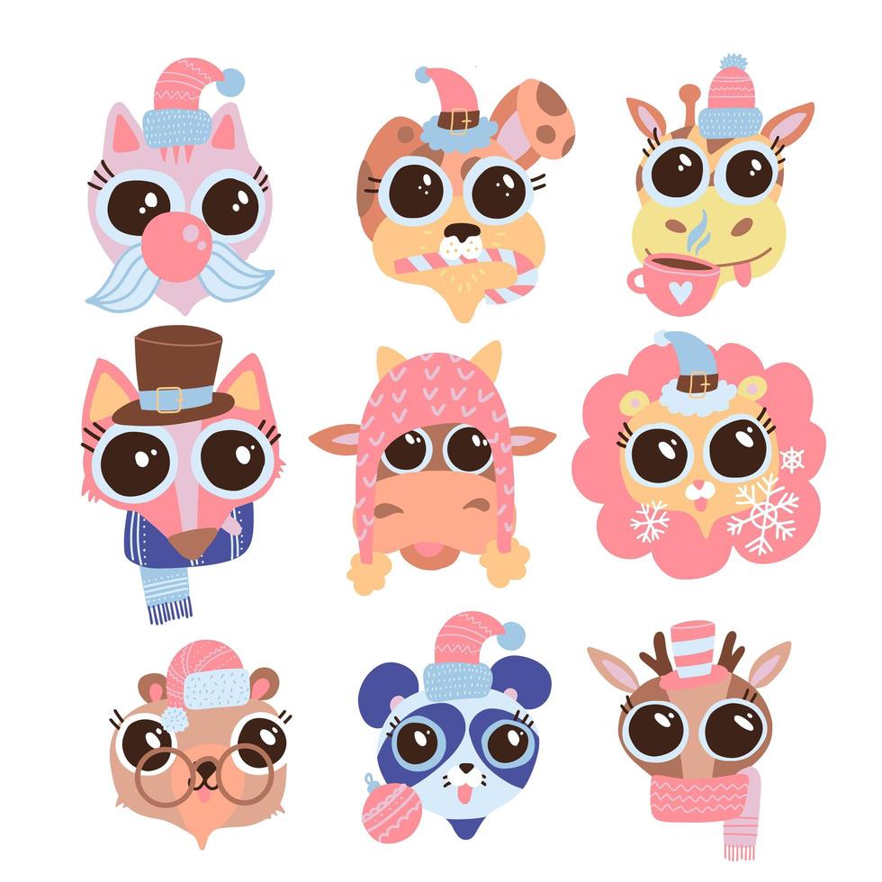 Set of new year and christmas cute funny faces - lion, bull, giraffe, cat, deer, dog, bear, panda, fox in cartoon style with big eyes.. Vector flat illustration. Gunny characters for holiday decor.