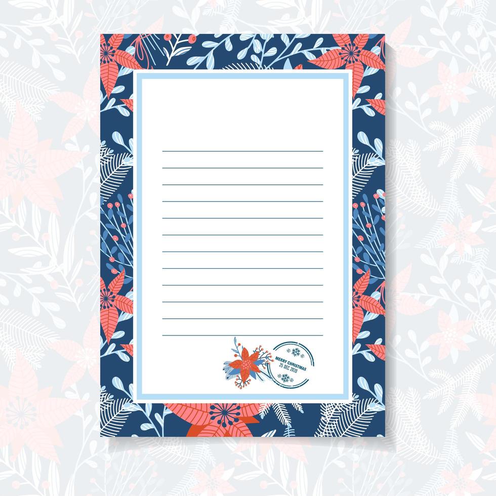 Christmas letter template with Botanical Floral Design of Holly Berries and poinsettia on dark blue Paper Sheet with Tree Branches . Vector flat Illustration