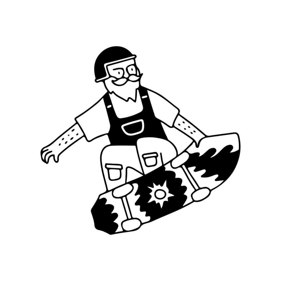 anciano barbudo con casco estilo libre con patineta, ilustración para camisetas, pegatinas o prendas de vestir. con estilo garabato, retro y caricatura. vector