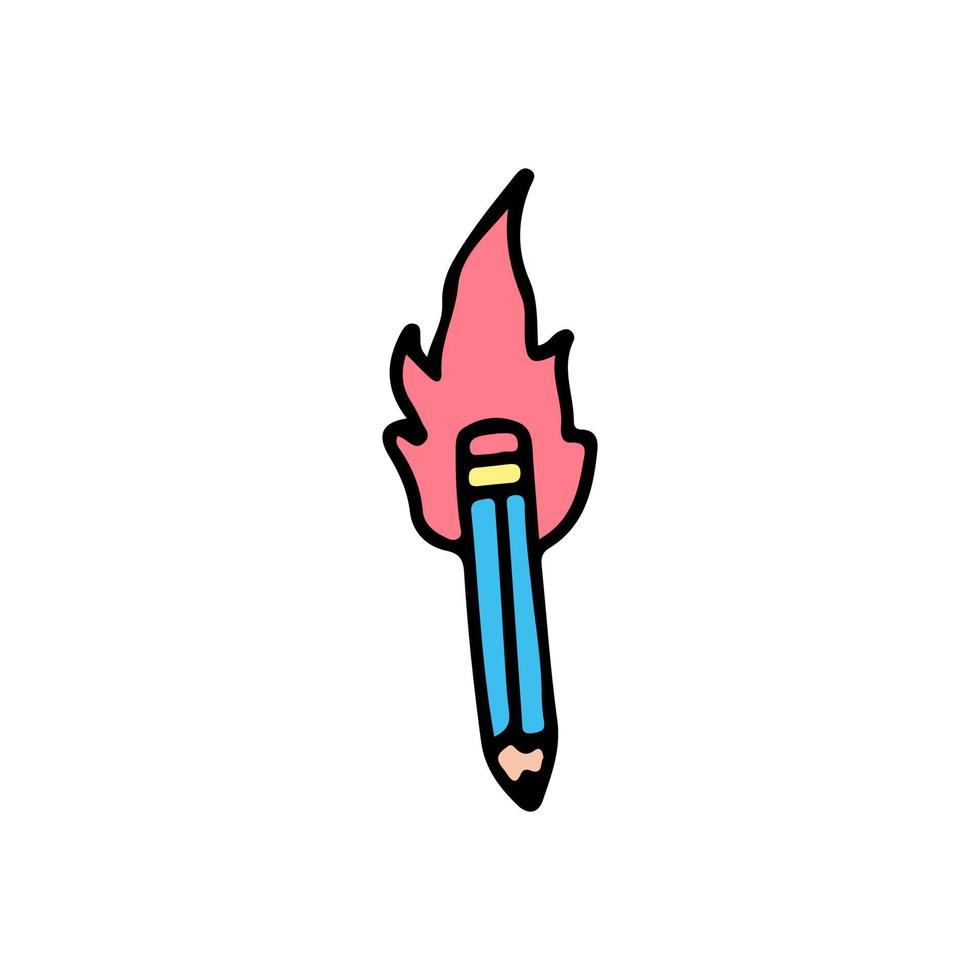 Pencil on fire, illustration for t-shirt, sticker, or apparel merchandise. With doodle, retro, and cartoon style. vector