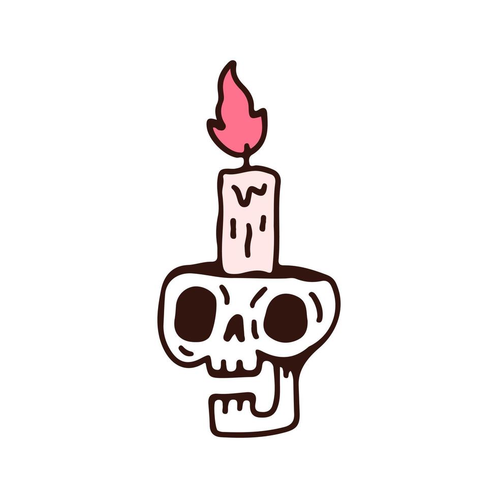 Broken skull head and candle, illustration for t-shirt, sticker, or apparel merchandise. With doodle, retro, and cartoon style. vector