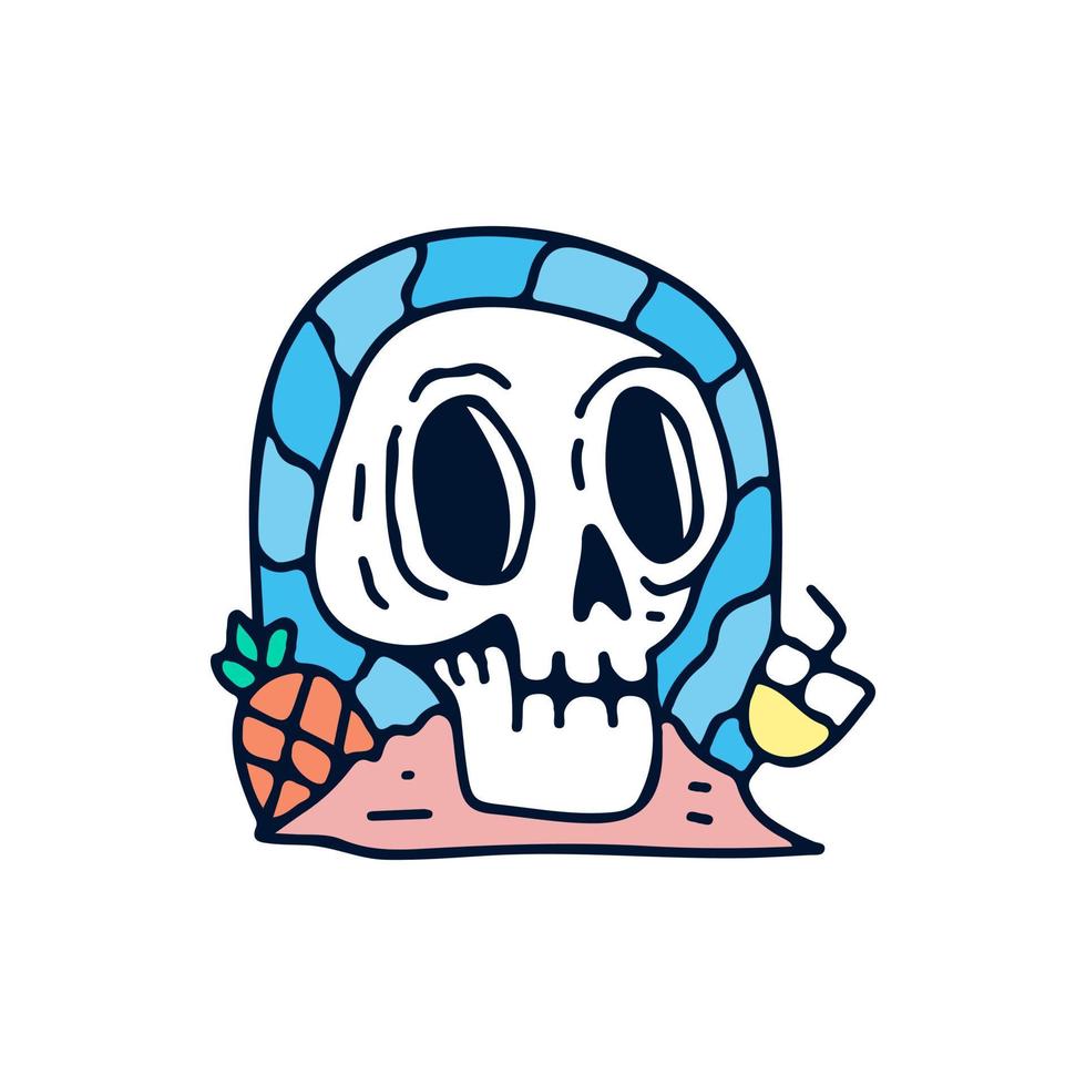 Skeleton with pineapple and juice, illustration for t-shirt, sticker, or apparel merchandise. With doodle, retro, and cartoon style. vector