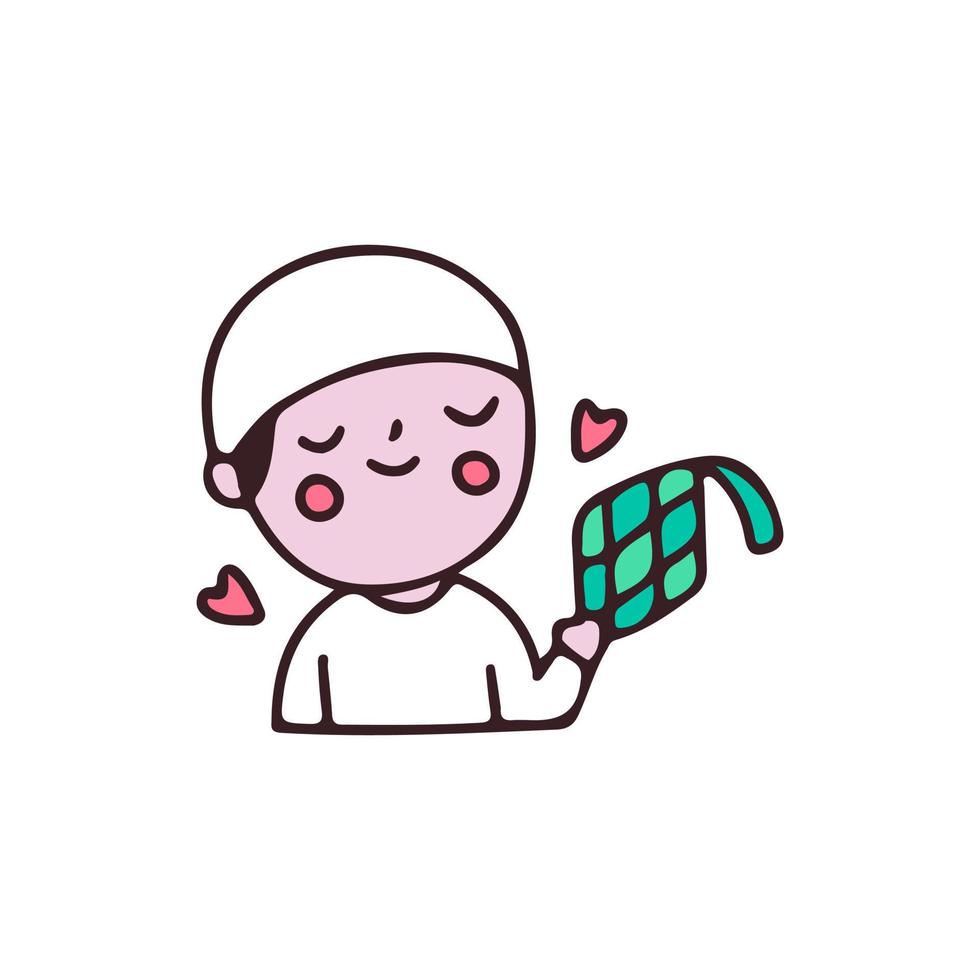 Cute kid holding ketupat traditional food cartoon. Illustration for Perfect Nursery children, kids, greeting. vector