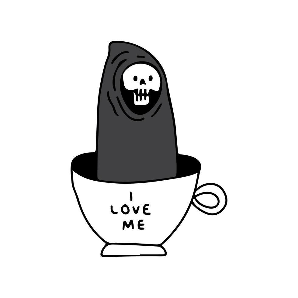 Grim reaper skull in cup of coffee, illustration for t-shirt, sticker, or apparel merchandise. With retro and cartoon style. vector