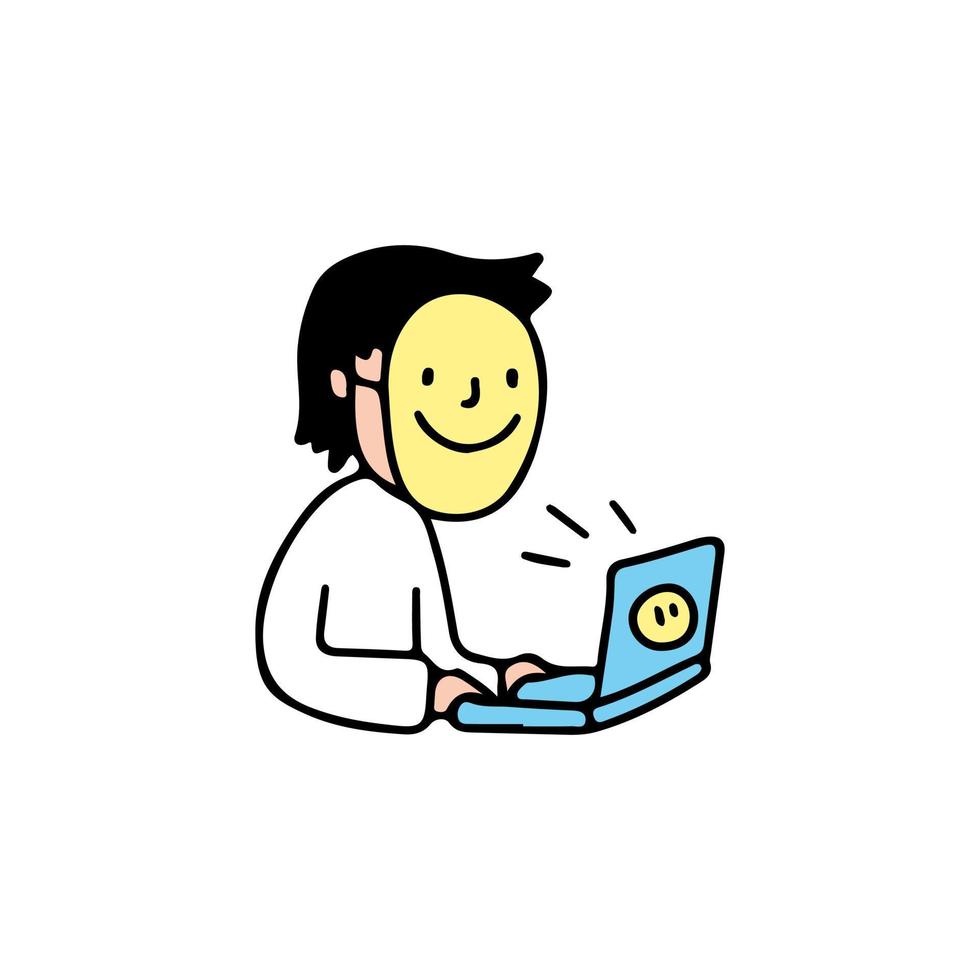 niño hacker con una linda máscara y trabajando en una laptop, ilustración para camisetas, calcomanías o prendas de vestir. con estilo garabato, retro y caricatura. vector