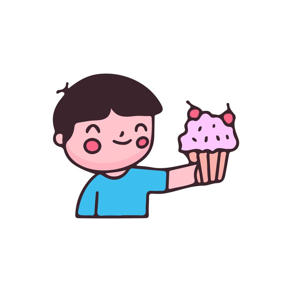 bebé kawaii con pastel de taza. niños de guardería perfectos, niños, saludo. vector