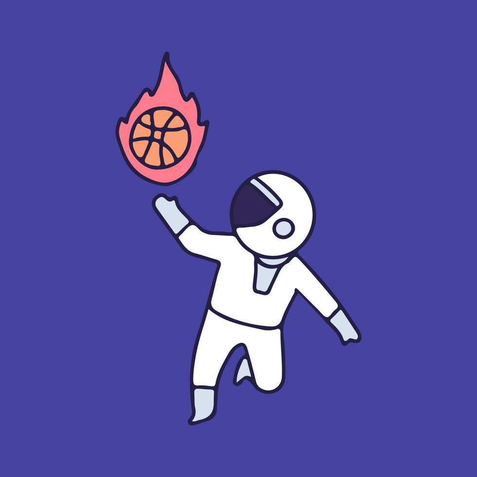 astronauta con baloncesto de fuego, ilustración para camisetas, pegatinas o prendas de vestir. con estilo de dibujos animados retro. vector