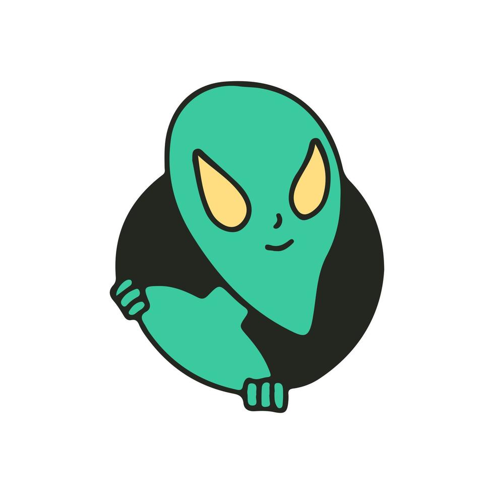 personaje alienígena asomándose, ilustración para camisetas, pegatinas o prendas de vestir. con estilo de dibujos animados retro. vector