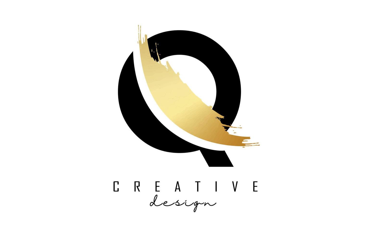 Letter Q logo with golden brush stroke and creative cut. vector