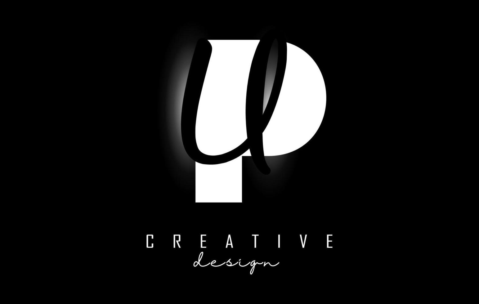 White and Black Letters PU Logo with a minimalist design. Letters P and U with geometric and handwritten typography. vector