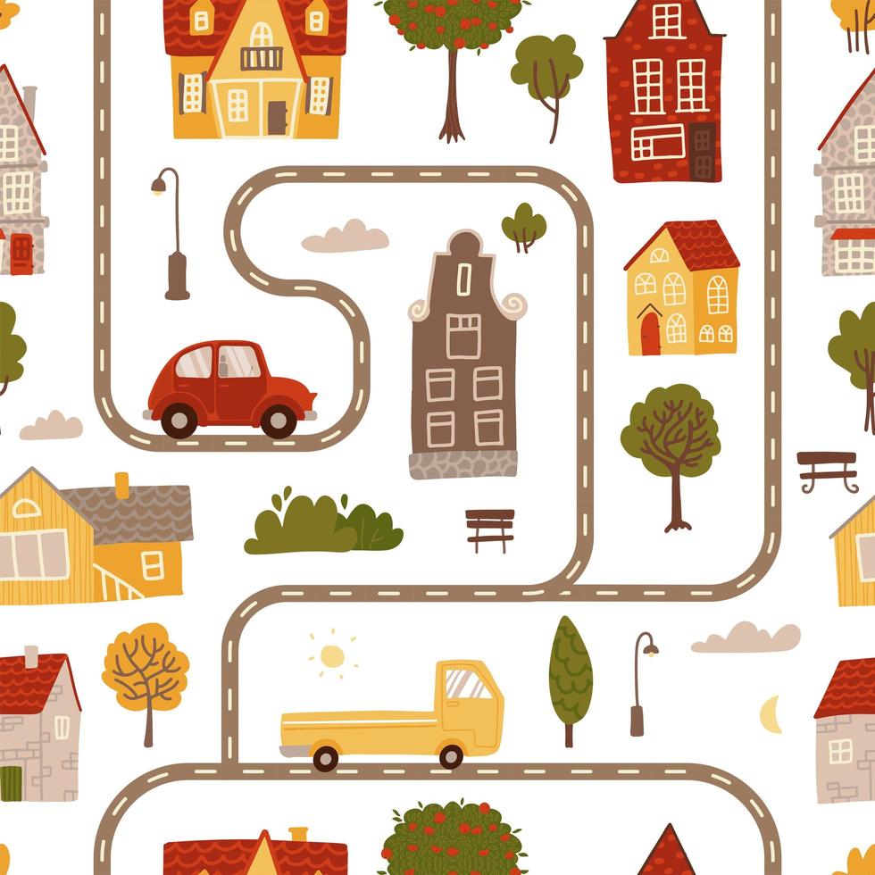 Seamless pattern with streets and roads, houses and cars. Top view childish map. Summer town landscape. Flat vector illustration.