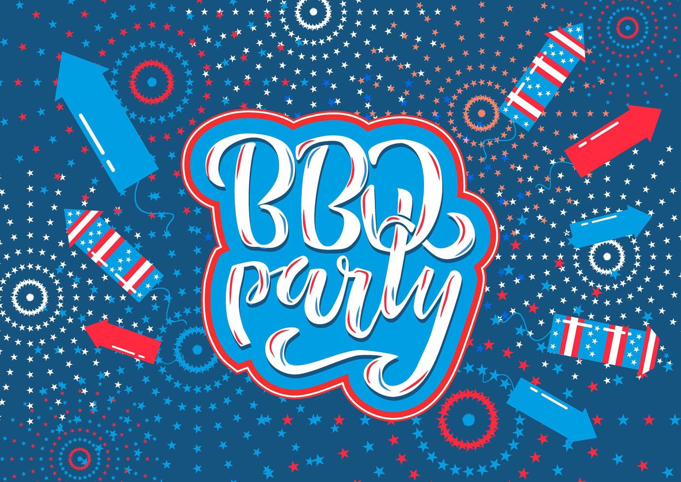 July 4th BBQ Party lettering invitation to American independence day barbeque with July 4th decorations stars, flags, fireworks on blue background. Vector hand drawn illustration.