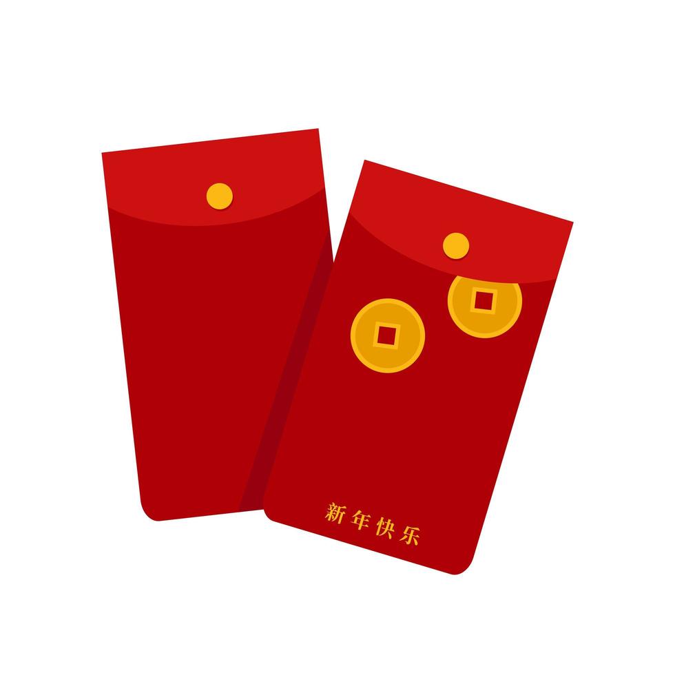 Chinese New Year two red envelopes with China gold pieces. Isolated flat vector illustration. Translation - happy new year,