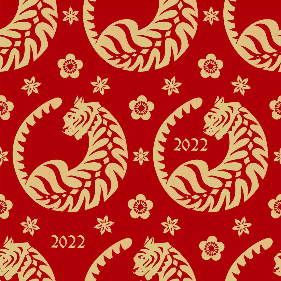 Seamless pattern with Chinese New Year 2022 Zodiac Year of the tiger sign with floral asian elements. Red and golden background with animal and flowers. Vector illustration.