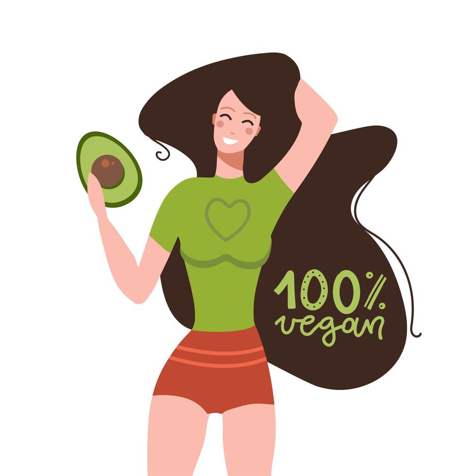 Funny woman with avocado fruit with lettering quote - 100 percent vegan. Healthy food concept. Cartoon colorful vector illustrationt for sticker, card, mug, brochure, poster