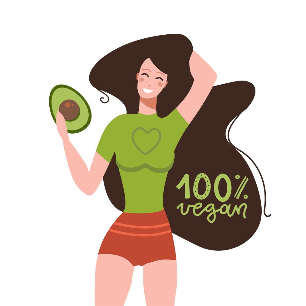 mujer divertida con fruta de aguacate con cita de letras - 100 por ciento vegana. concepto de comida saludable. ilustración vectorial colorida de dibujos animados para pegatinas, tarjetas, tazas, folletos, carteles vector