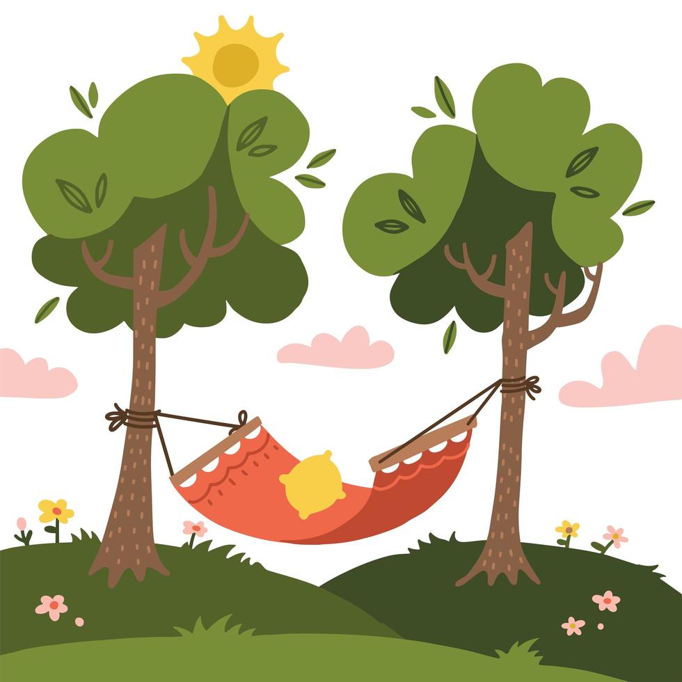 hamaca de verano roja vacía con árboles y paisajes en el fondo. turismo de naturaleza sol y nubes. ilustración de diseño de vector plano.
