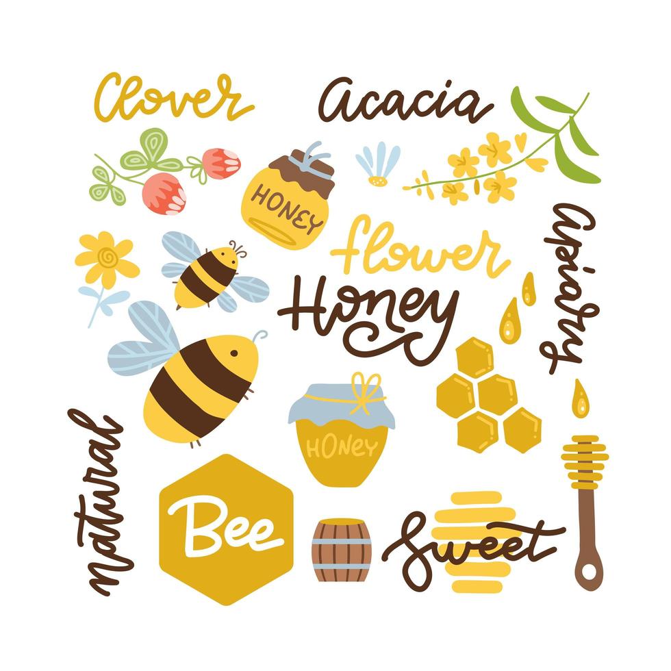 Set of bee, honey honey elements, camomile, clover flowers, wooden spoon, honeycomb, jar, logo template and other beekeeping lettering. Vector flat hand drawn illustration.