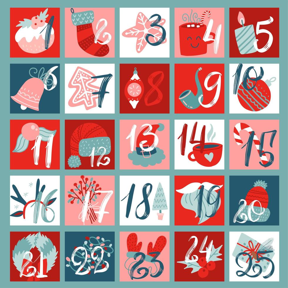 Advent calendar with Christmas decor elements. Flat hand drawn doodle illustration. 25 days. vector