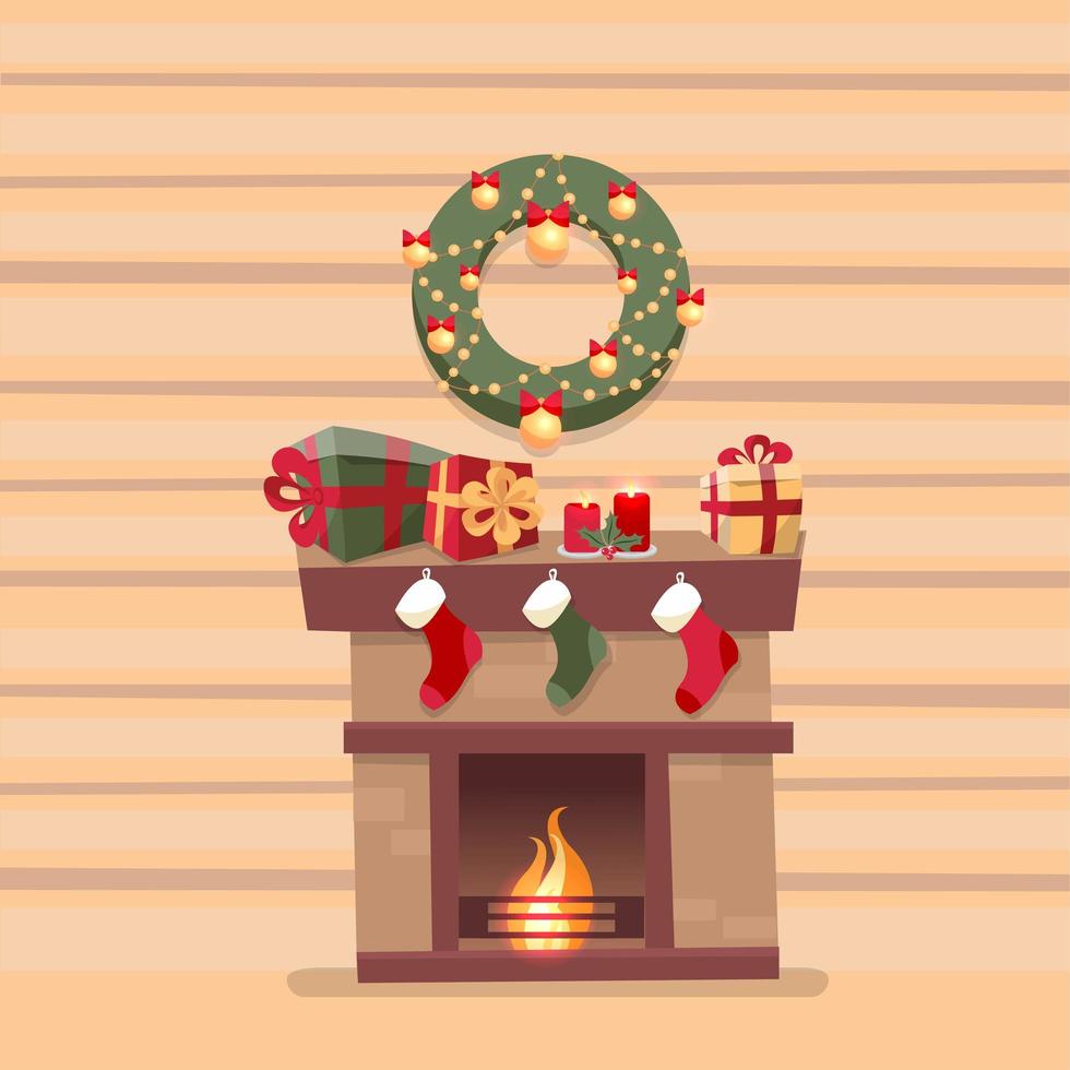 interior de la habitación con chimenea navideña con calcetines, decoraciones, cajas de regalo, velas, calcetines y corona sobre el fondo de una pared de troncos de madera. Linda ilustración de vector de estilo de dibujos animados plana.