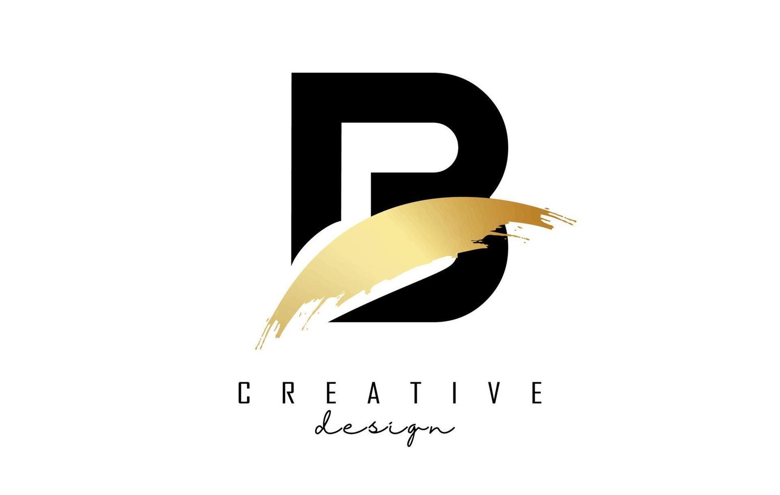 logotipo de la letra b con trazo de pincel dorado y corte creativo. vector