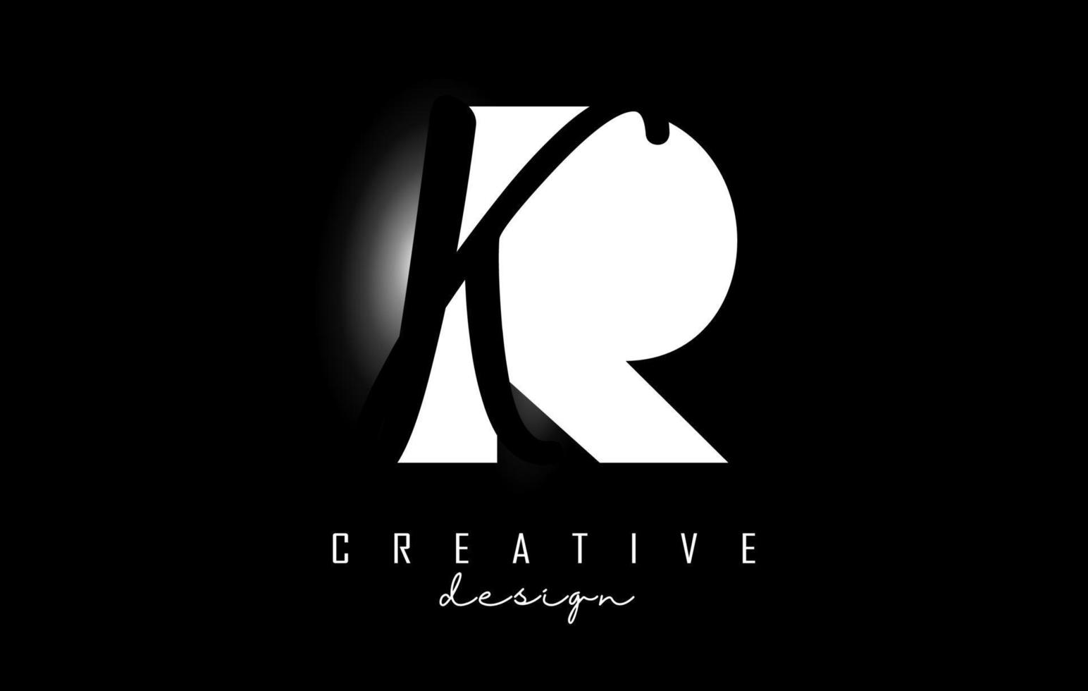 logotipo rk de letras blancas y negras con un diseño minimalista. letras r y k con tipografía geométrica y manuscrita. vector